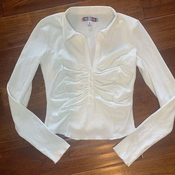 Urban Outfitters Top Size M Ivory Ribbed Button Ruche Placket Long Sleeve Collar - Picture 6 of 11